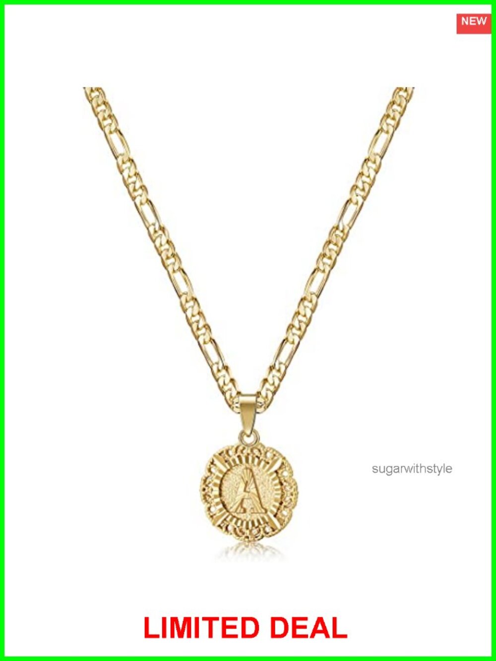 Initial Necklace Stainless Steel 14K Gold Filled Figaro Chain Letter A Pendant